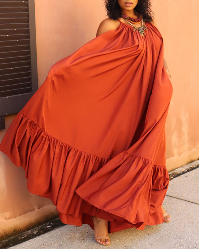 Ruched Ruffles Tied Detail Cutout Back Casual Maxi Dress