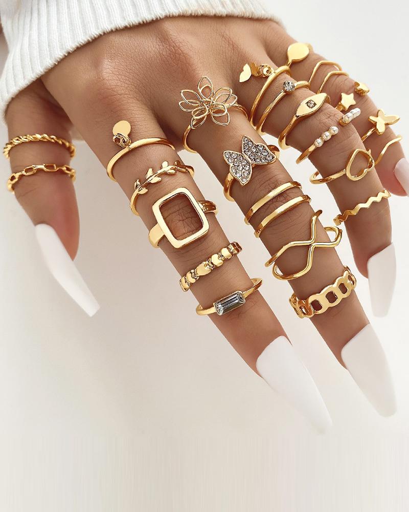 23pcs Floral Butterfly Heart Star Geometric Hollow Rings Set
