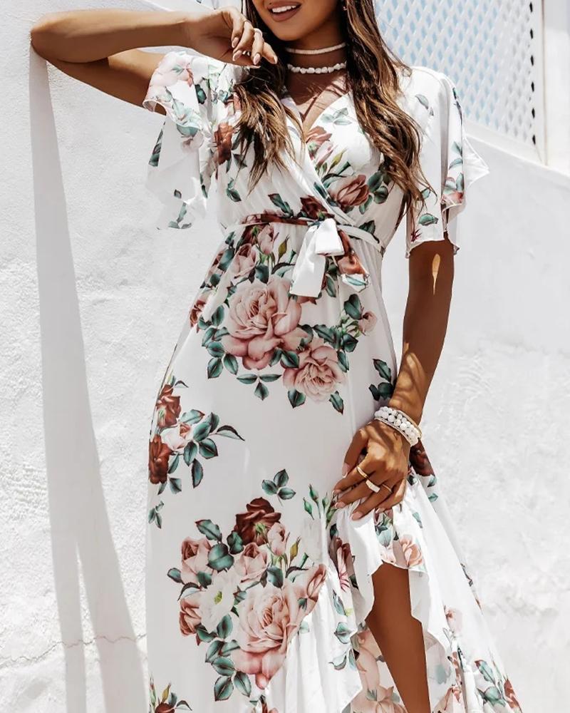 Floral Print Ruffle Hem Belted Wrap Dress