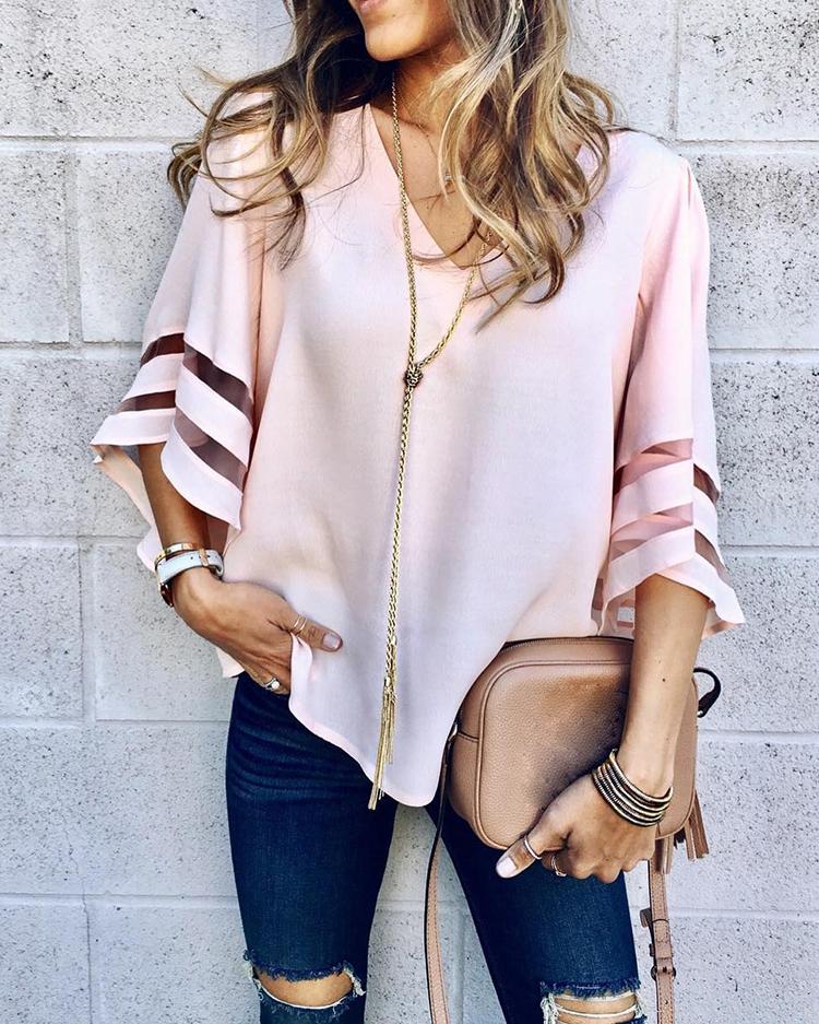 Solid Mesh Splicing Flared Half Sleeve Blouse