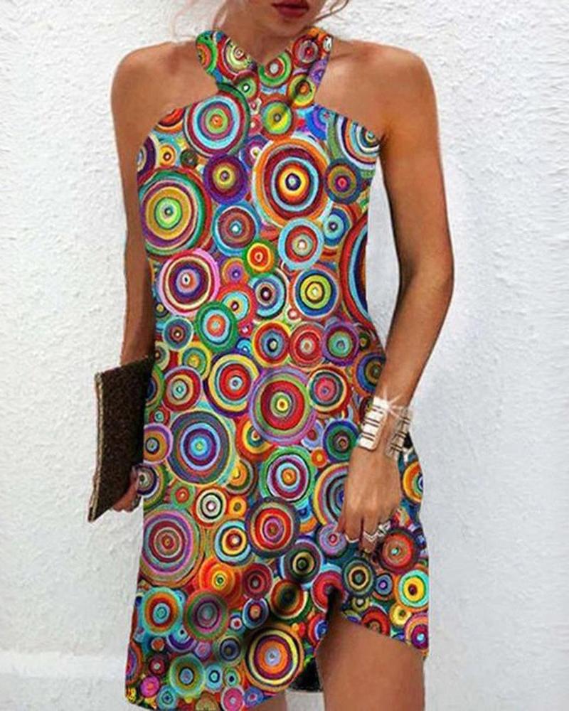 Geometric Print Cross Halter Casual Dress