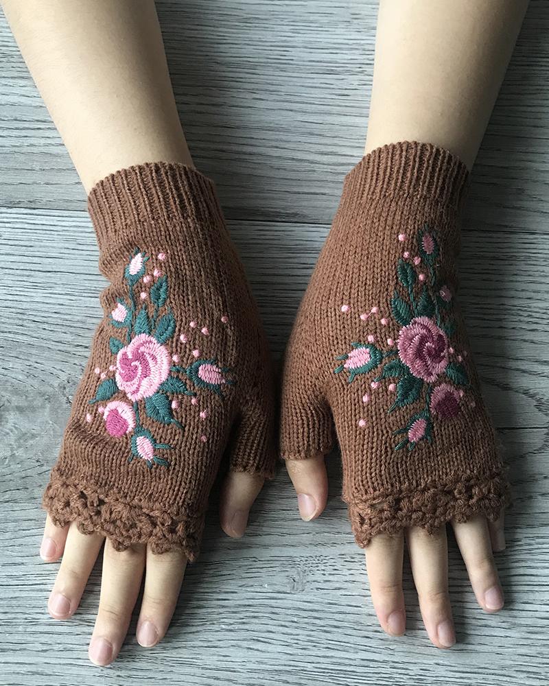 1Pair Floral Embroidery Hollow Out Fingerless Knit Gloves