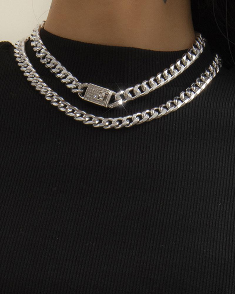 2pcs Rhinestone Lock Multi-Layer Chunky Chain Necklaces Set