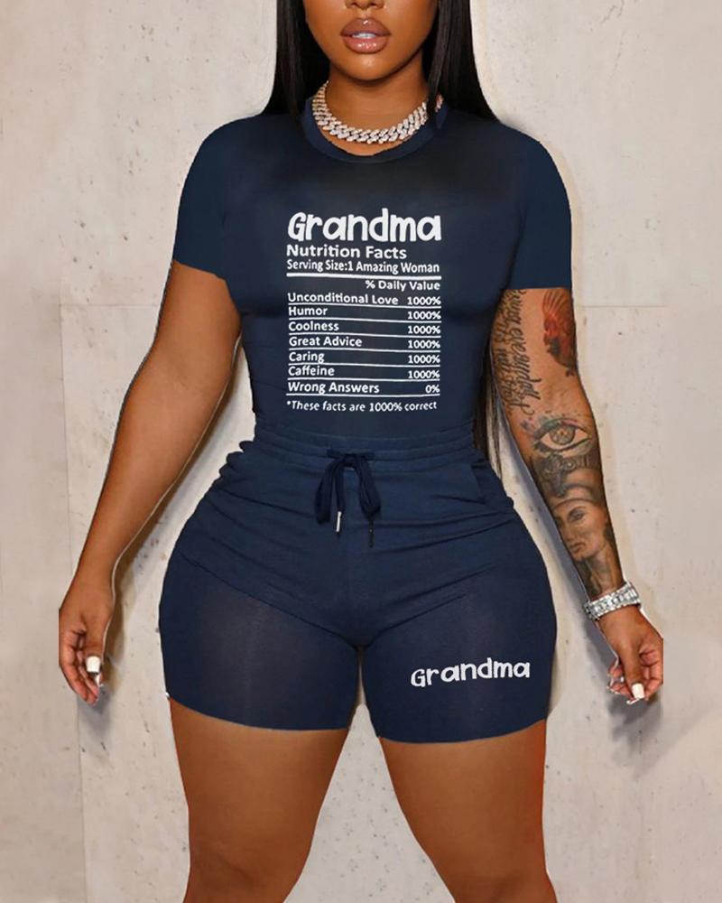 Grandma Letter Print Top & Drawstring Shorts Set