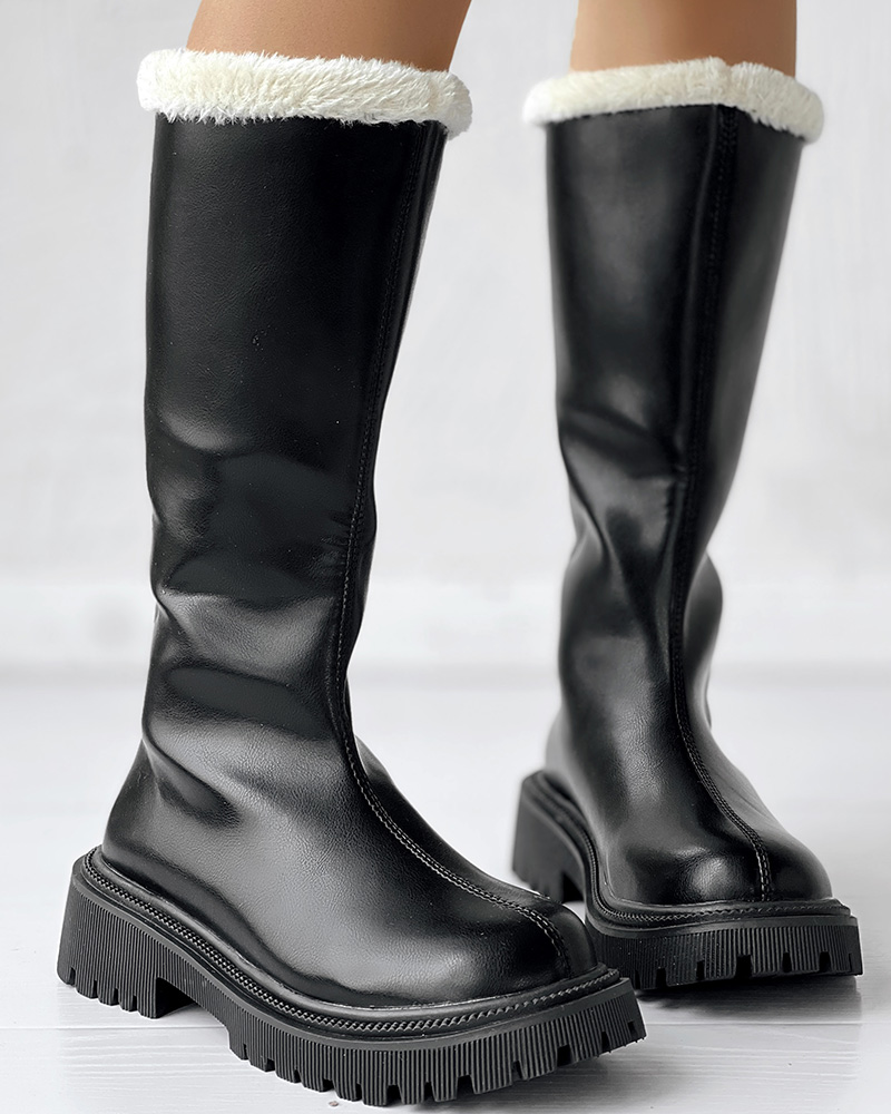 Zipper Design Fuzzy Detail Winter Calf Boots