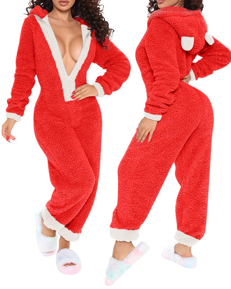  Christmas Zipper Front Hooded Fluffy Adult Onesie