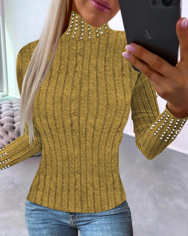Beaded High Neck Long Sleeve Top