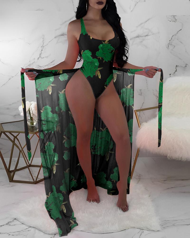   ChicMe Floral Print One-Piece Swimsuit With Cover Up