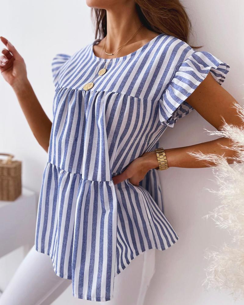 Striped Print Flutter Sleeve Ruched Top