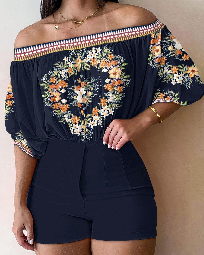 Floral Print Ruched Off Shoulder Top & Shorts Set