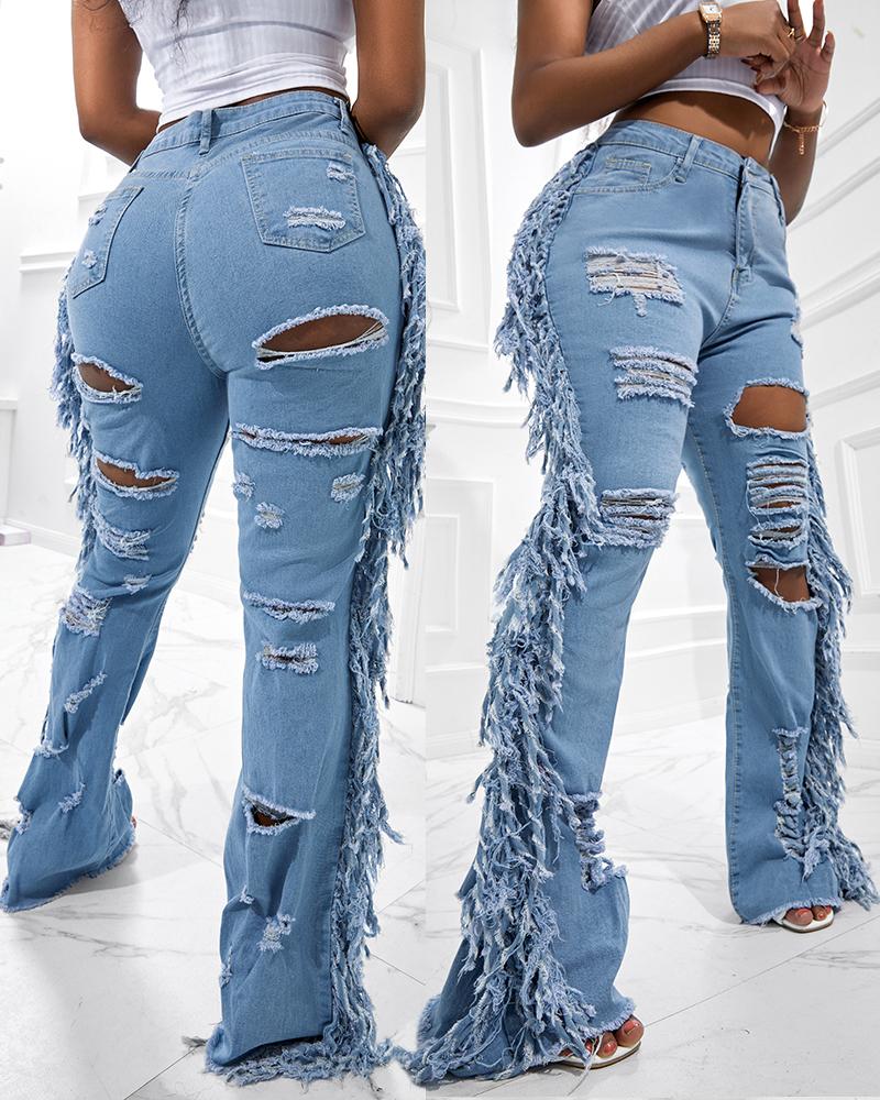 High Waist Ripped Cutout Fringe Jeans