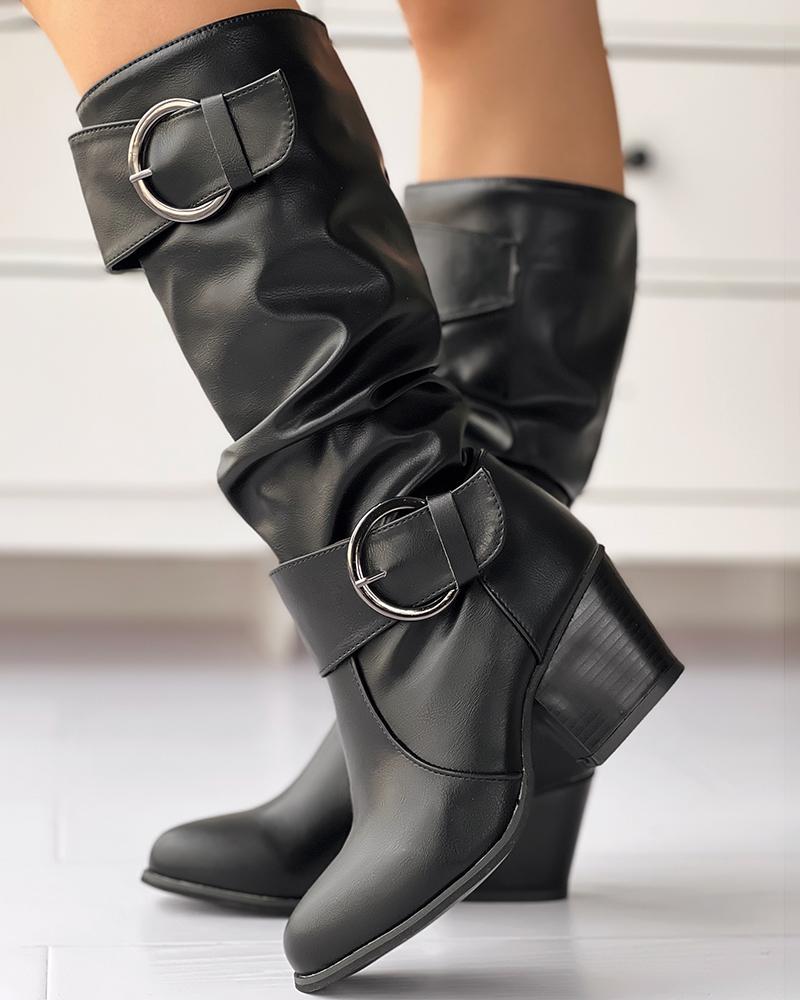 Buckled Chunky Heel Ruched Calf Boots
