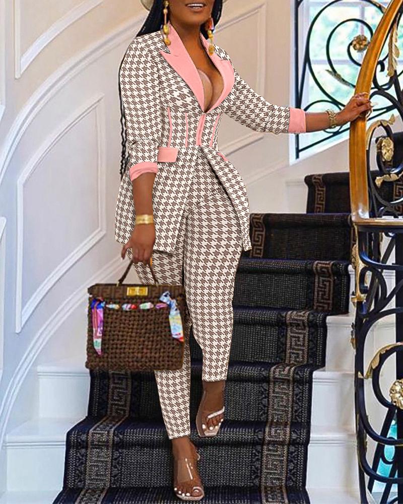 Houndstooth Print Zip Corset Patch Blazer & Pants Set