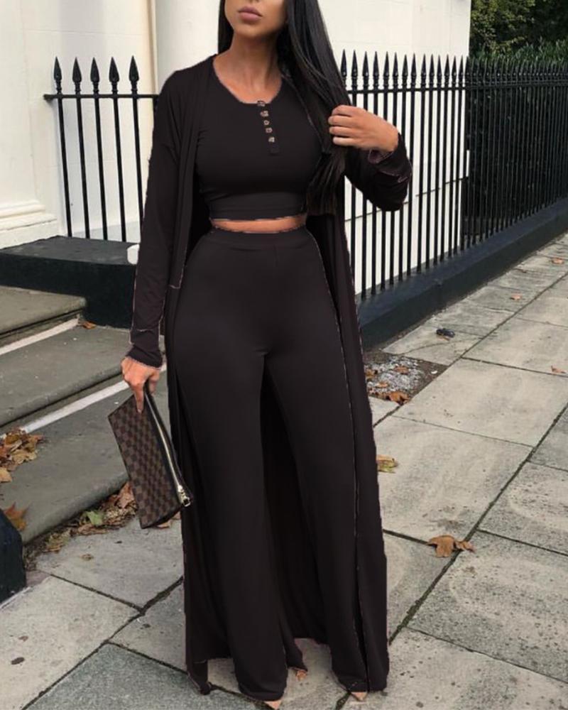 3PCS Crop Top & Pants Set With Longline Coat
