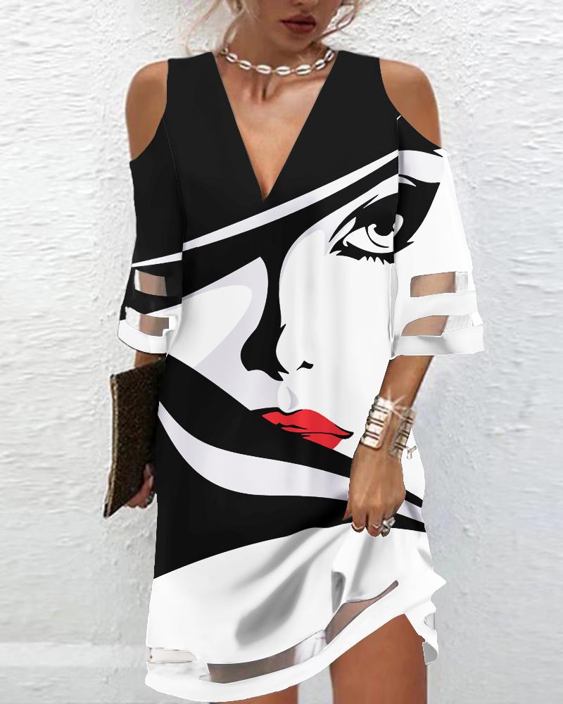 Figure Print Cold Shoulder Casual Dress