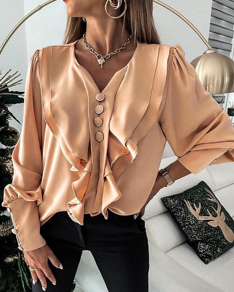 Lantern Puff Sleeve Buttoned Ruffles Casual Top