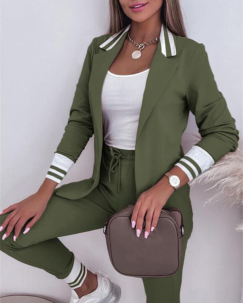 Striped Notched Collar Blazer Coat & Drawstring Pants Set