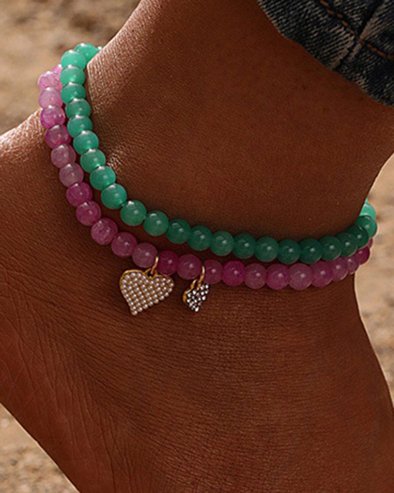  2pcs Stackable Crystal Stone Beaded Heart Anklets Set