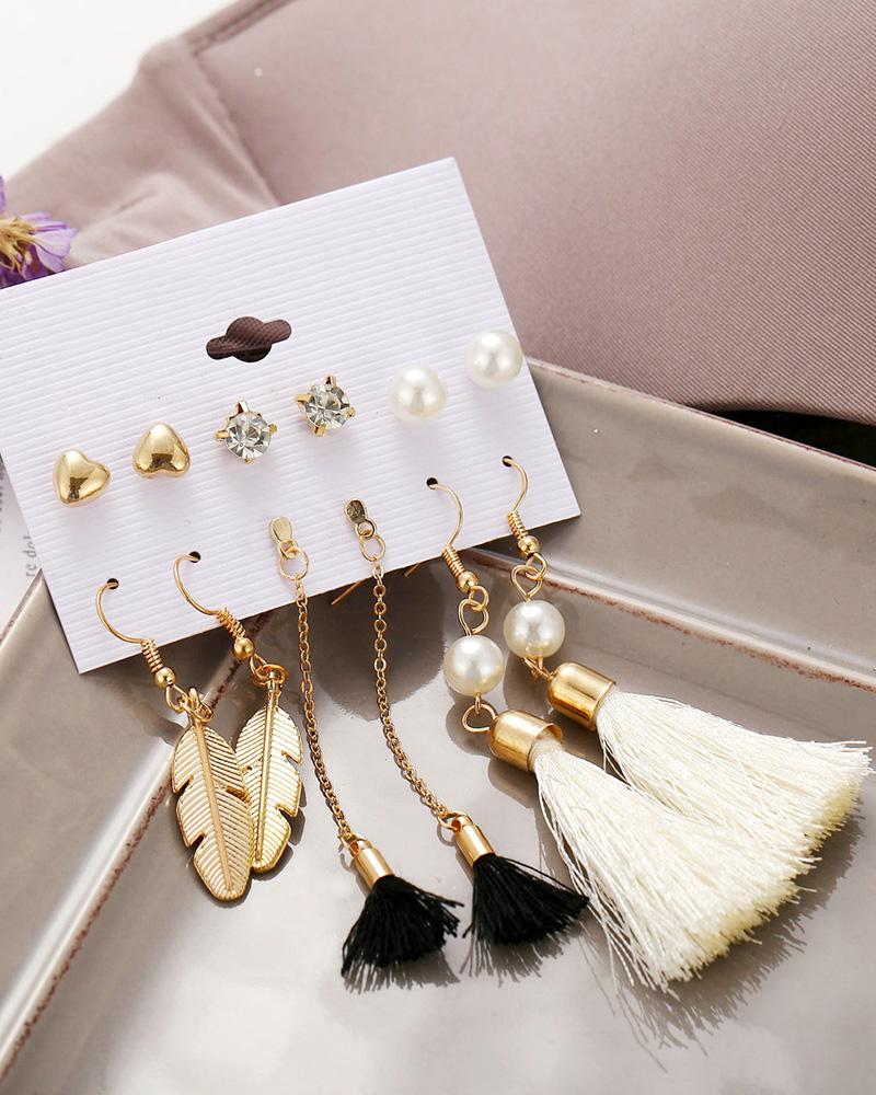 6 Pairs Beaded Hoop Tassel Ear Cuff Earring Set