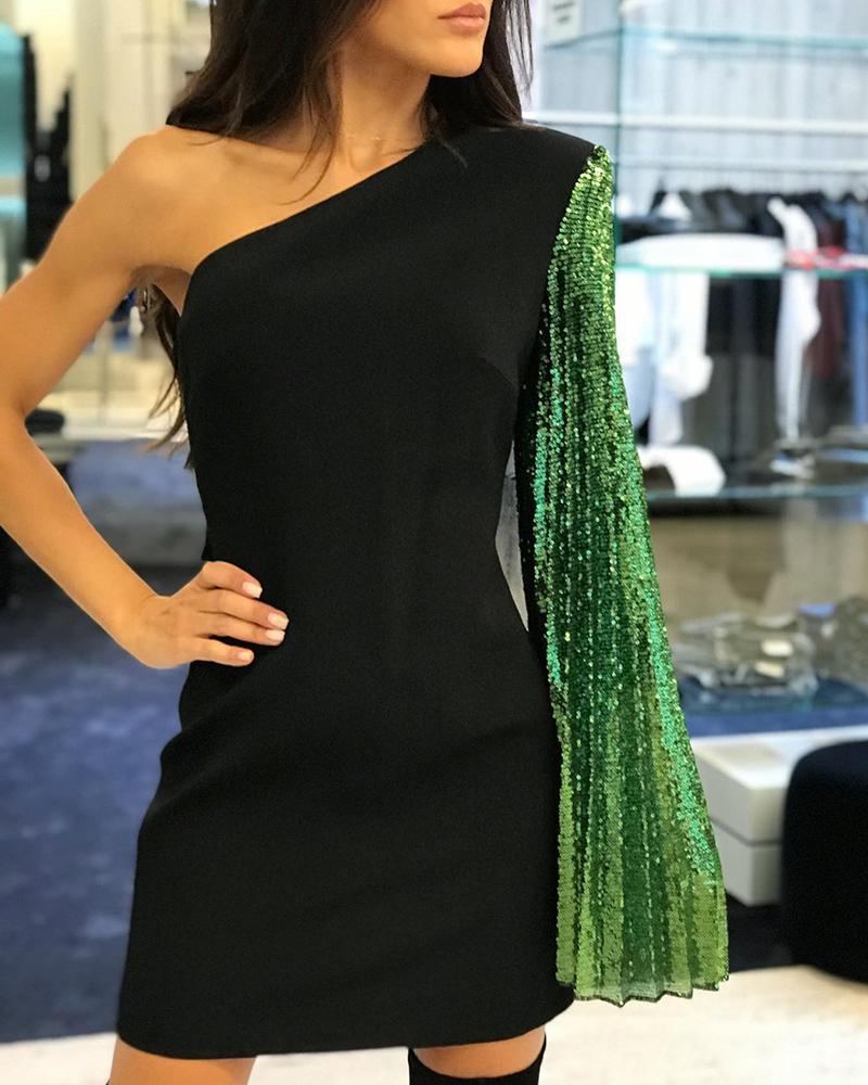 One Shoulder Sequin Patch Party Dress