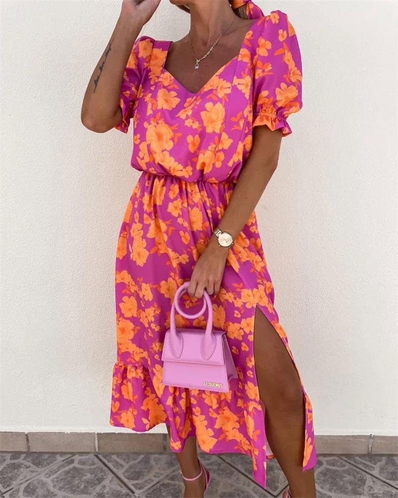 Puff Sleeve Ruffle Hem Split Thigh Floral Print Dress