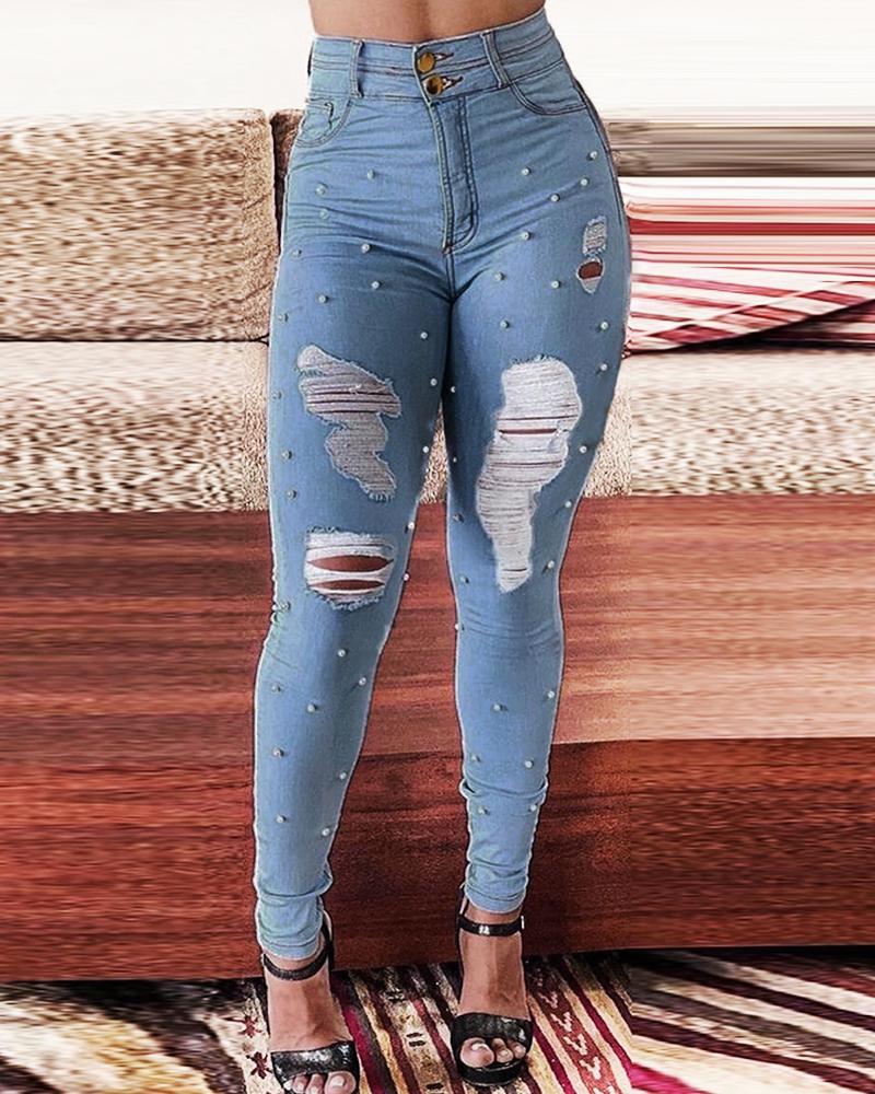 Beaded High Waist Ripped Skinny Jeans