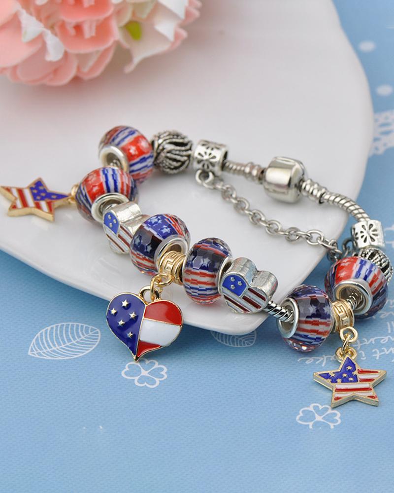 1pc Independence Day USA Flag Heart Star Beaded Bracelet