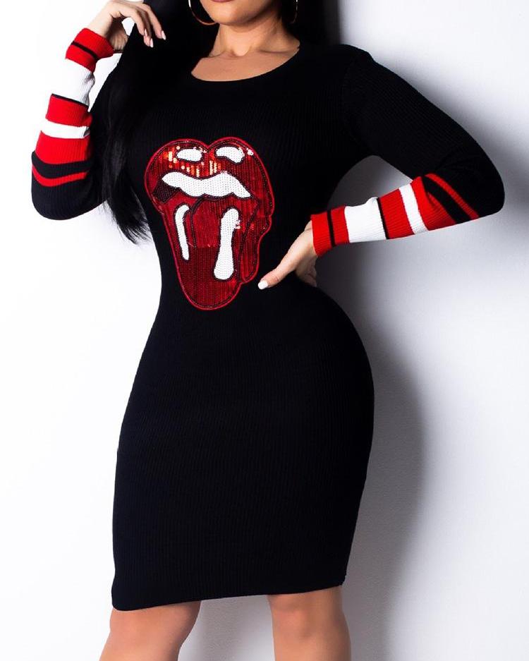 Lips Sequin Patch Stripes Long Sleeve Dress