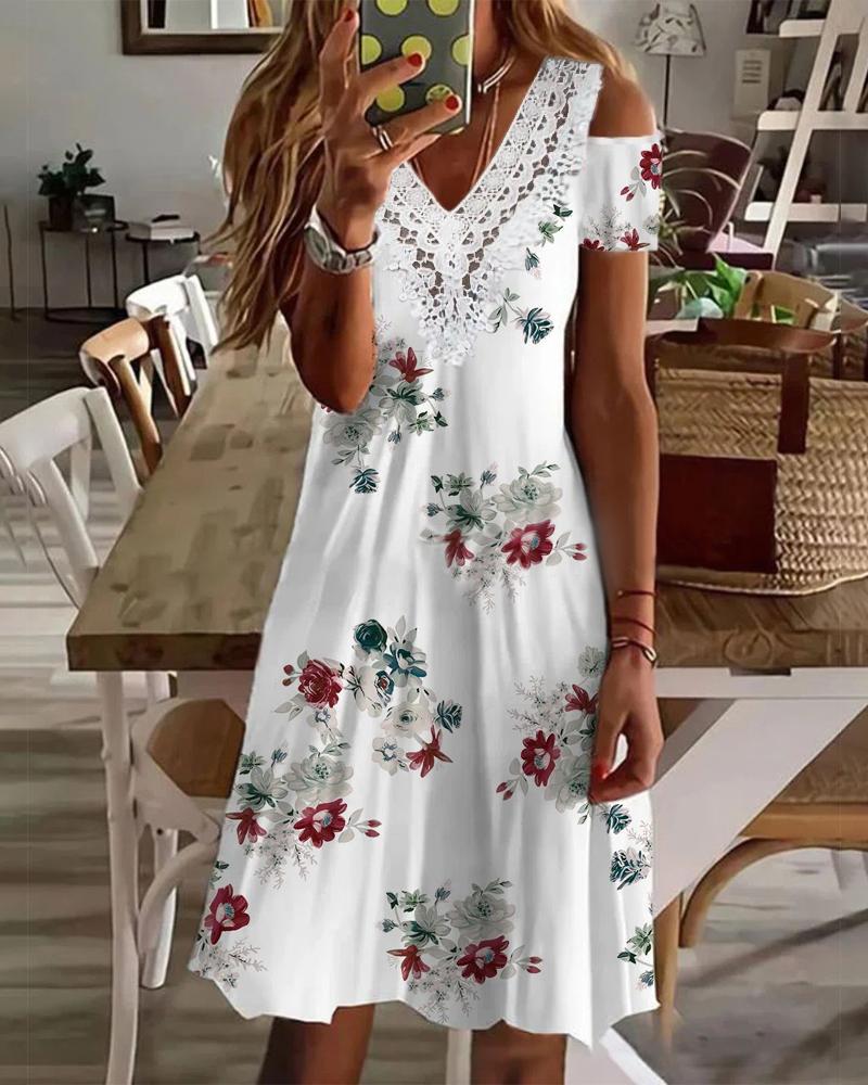 Floral Print Contrast Lace Cold Shoulder Casual Dress