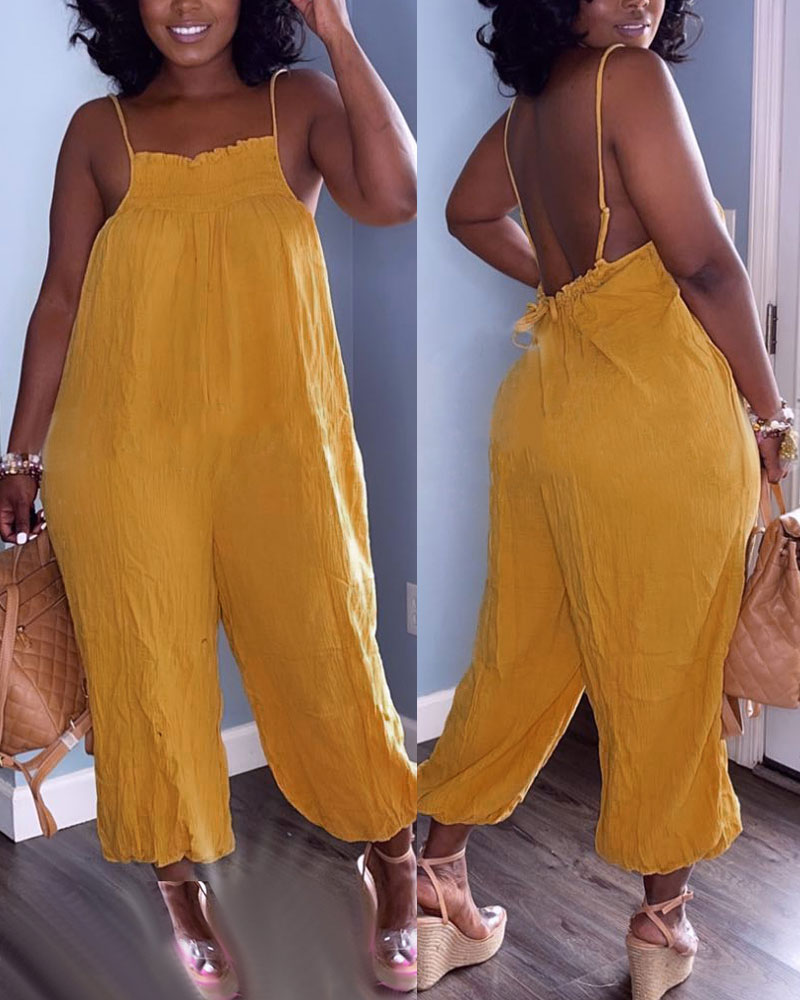 Spaghetti Strap Backless Shirred Frill Hem Jumpsuit