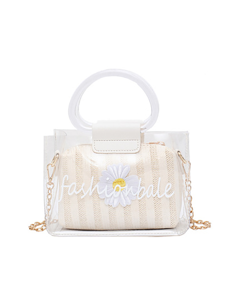 Clear Letter Print Floral Pattern Satchel Bag