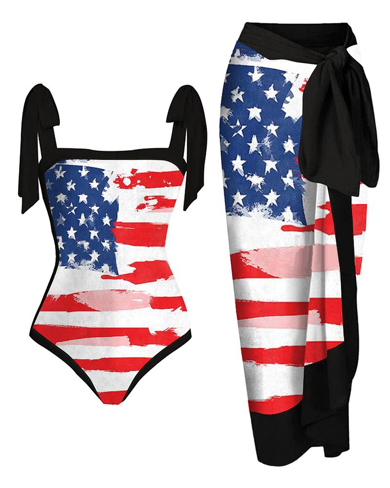 Independence Day Flag Print Tied Detail One Piece Swimsuit With Cover Up