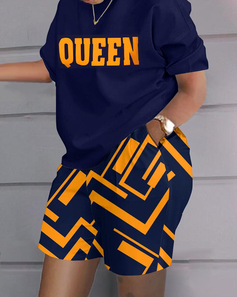 Queen Letter Geometric Print Casual Top & Shorts Set