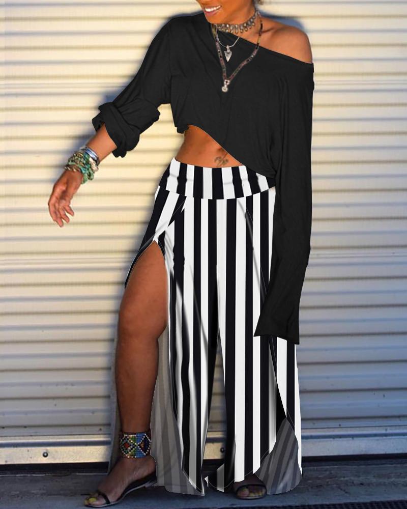 Plain Top & Striped Print Slit Pant Sets