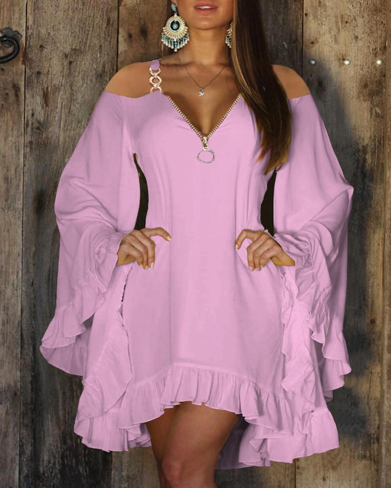 Bell Sleeve Ruffles Zipper Design Casual Dress