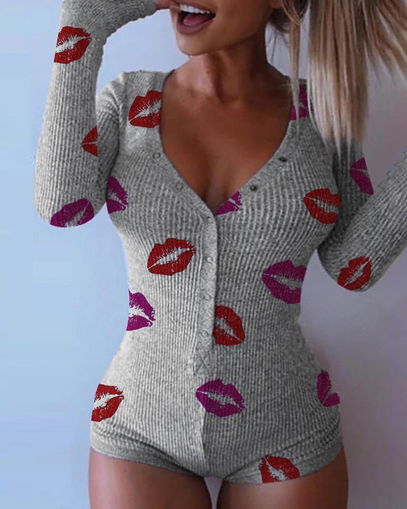   ChicMe Lips Print V-Neck Long Sleeve Romper