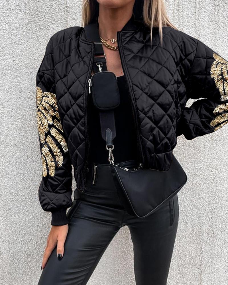 Contrast Sequin Angel Wings Pattern Quilted Puffer Jacket