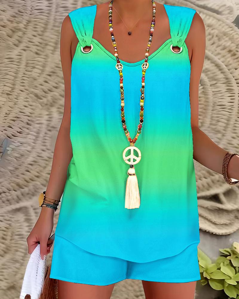 Ombre Eyelet Sleeveless Top & Pocket Design Shorts Set