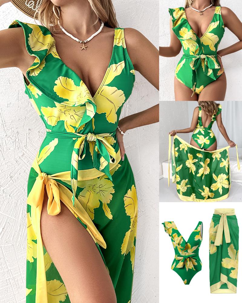   ChicMe Plants Print Ruffle Hem One-Piece Swimsuit With Cover Up