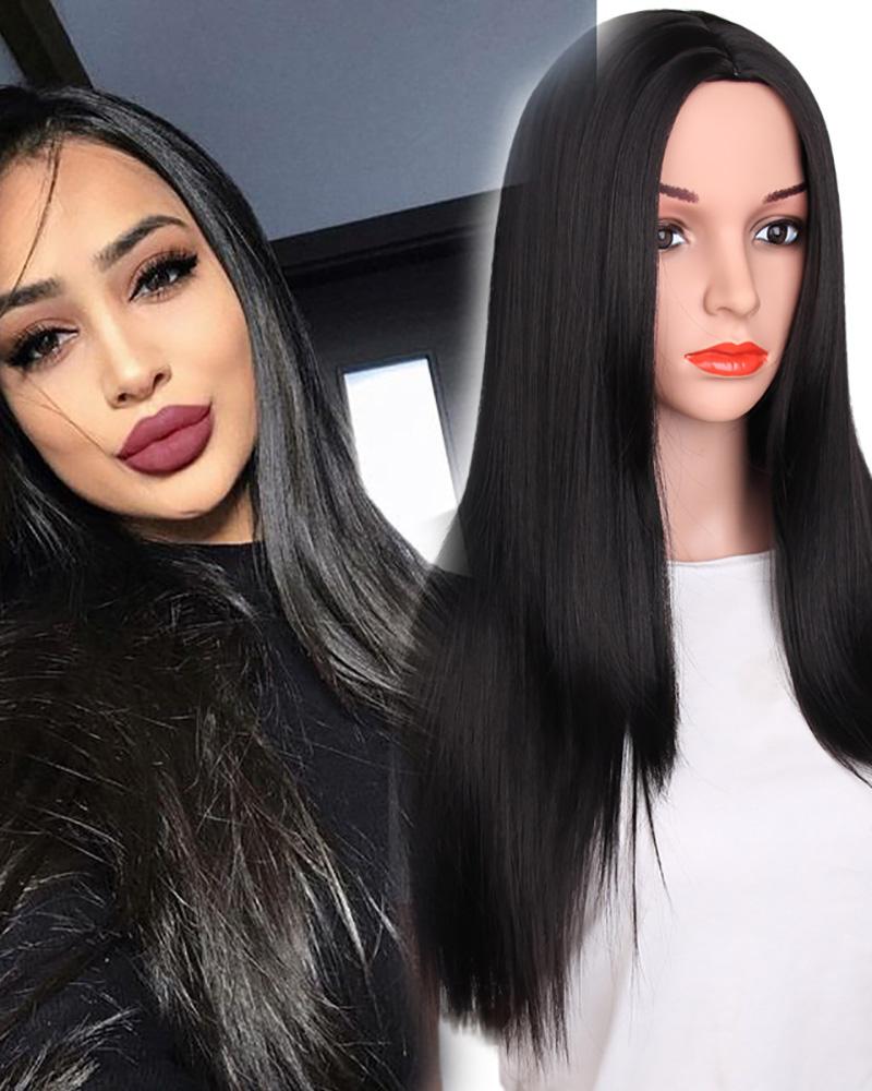 Synthetic Long Full Wig 24 Inches Straight Black Hair Wigs Natural Looking Heat Resistant Wig