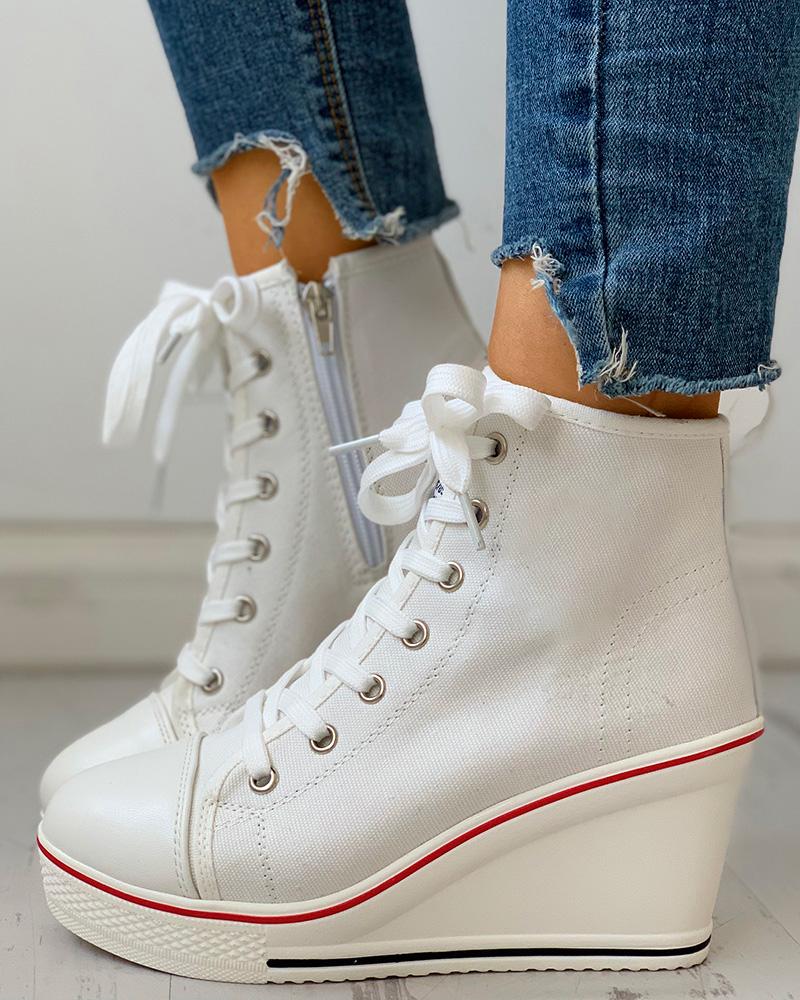 Eyelet Lace-Up Platform Wedge Sneakers