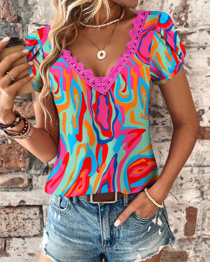 Multi-Color Abstract Print Petal Sleeve T-shirt