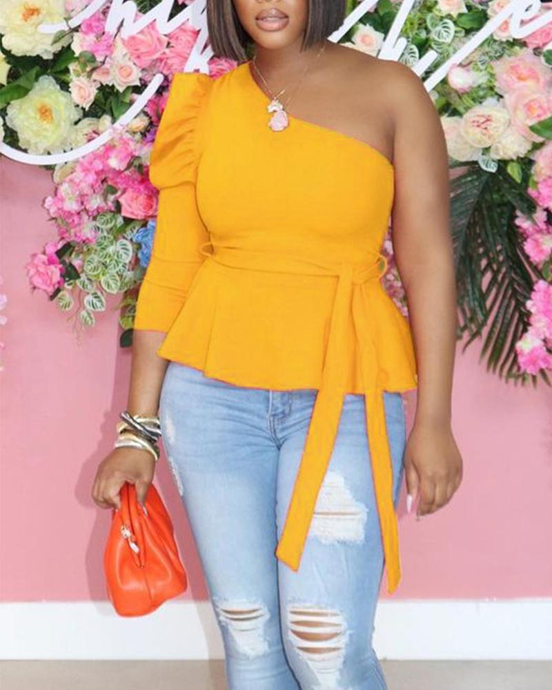 One Shoulder Puff Sleeve Self Tie Peplum Top