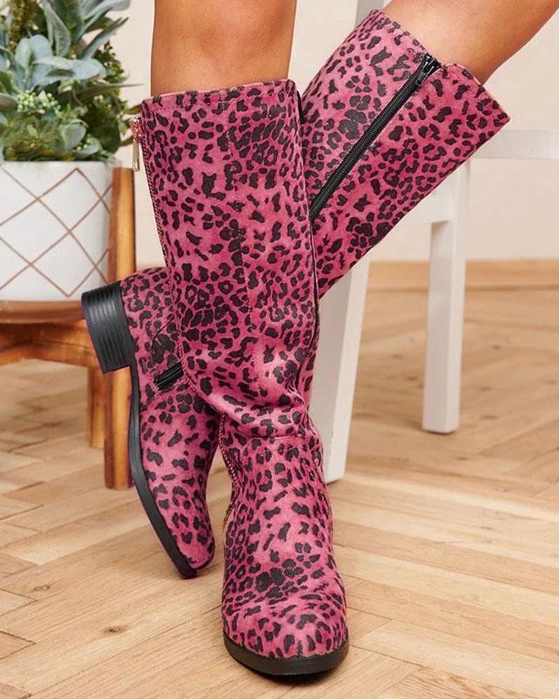 Side Zipper Cheetah Print Boots