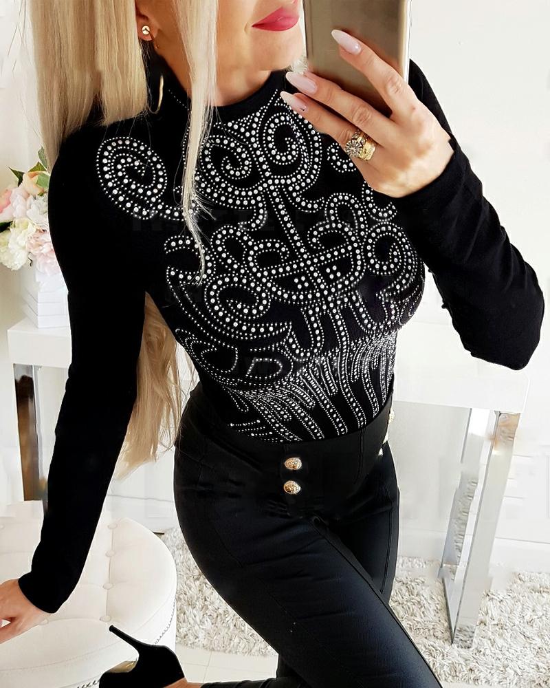 Rhinestone Decor Long Sleeve Top