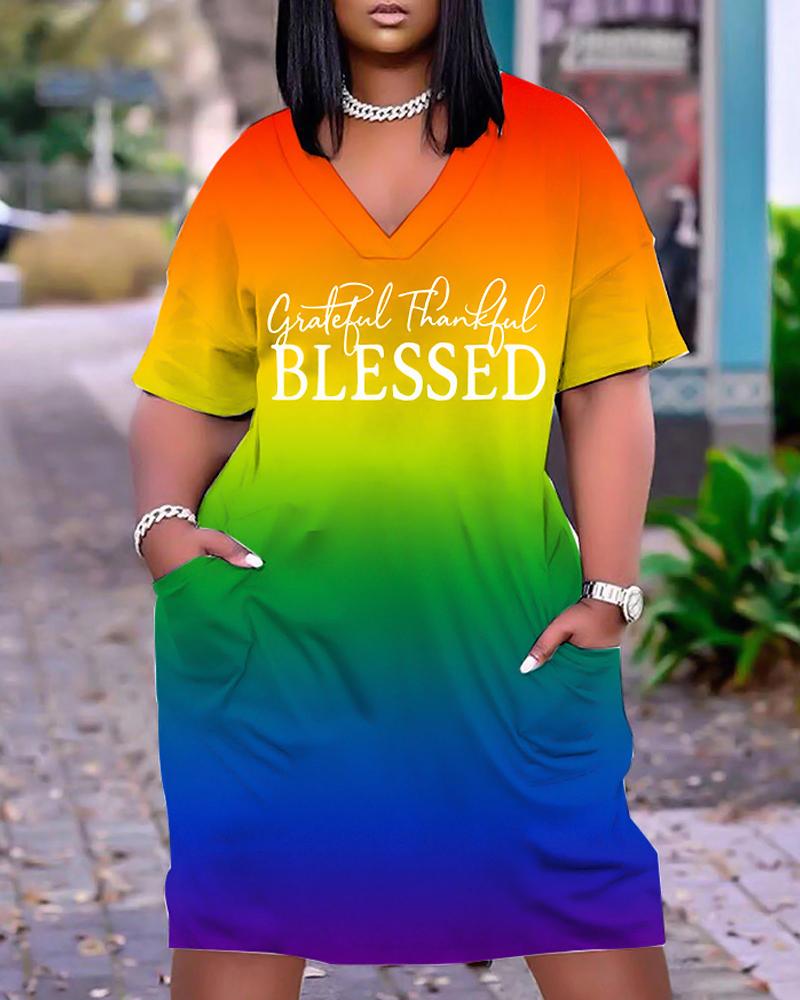 Casual Dresses  ChicMe Plus Size Grateful Thankful Blessed Print Ombre Casual Dress