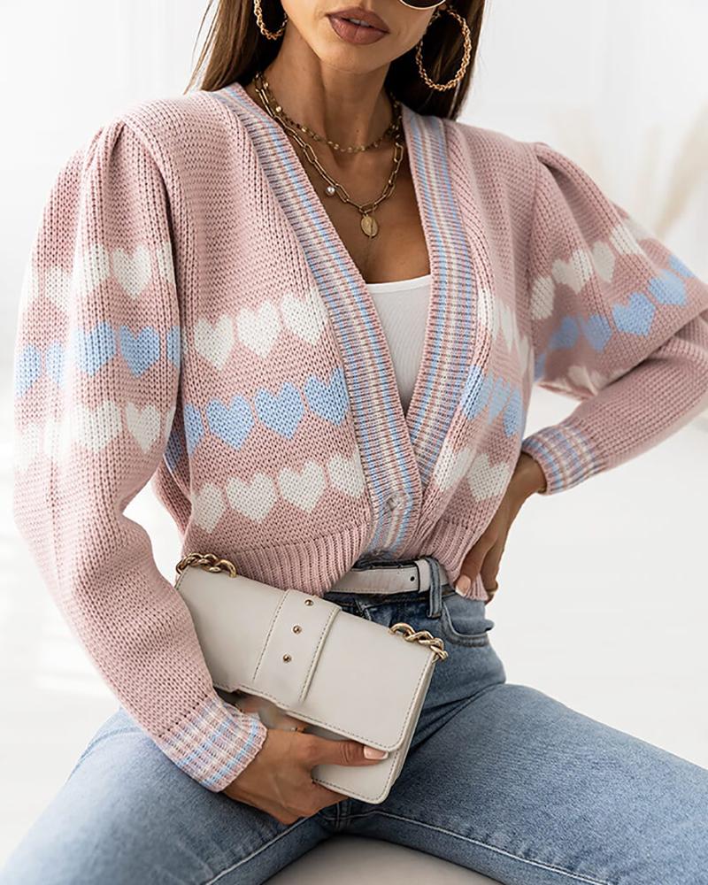 Heart Pattern Long Sleeve Crop Knit Cardigan