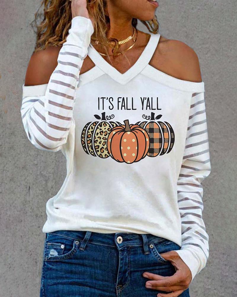 Halloween Pumpkin Letter Print Striped Cold Shoulder Top