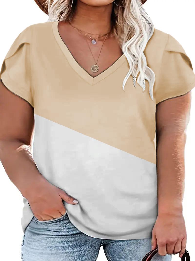 Plus Size Colorblock Petal Sleeve V-Neck T-Shirt