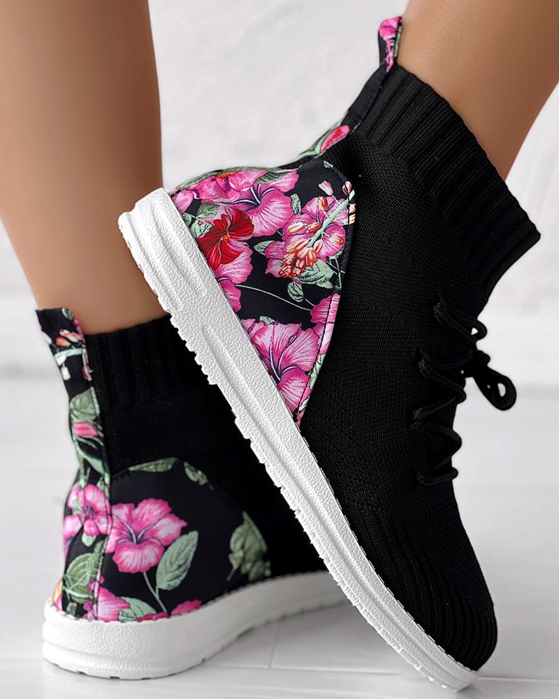 Floral Print Patchwork Bootie Sneakers Lace-up Ankle Boots